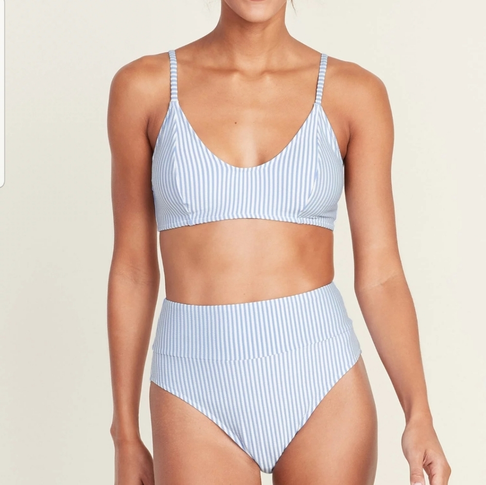 High waisted pinstriped bikini size m white and blue